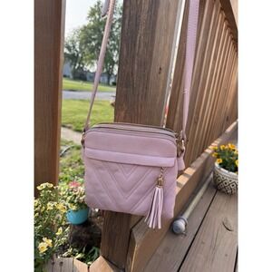 Blush Pink Quilted Crossbody Bag Double Zip Tassel Purse